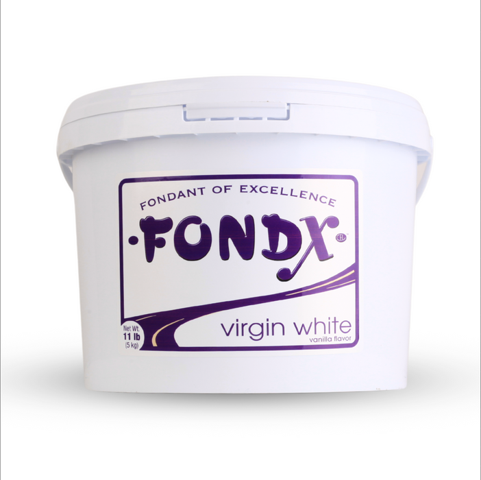 11 lb bulk bucket of ready-to-use FondX Virgin White rolled fondant for commercial bakeries.