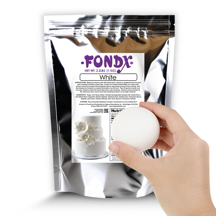 2.2 lb tub of FondX Virgin White rolled fondant icing for cake decorators.